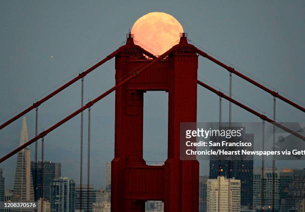 The August moon took a resting spot cradled at the top of the south tower of the Golden Gate Bridge seen from the Marin Headlands Tuesday night 8/8....