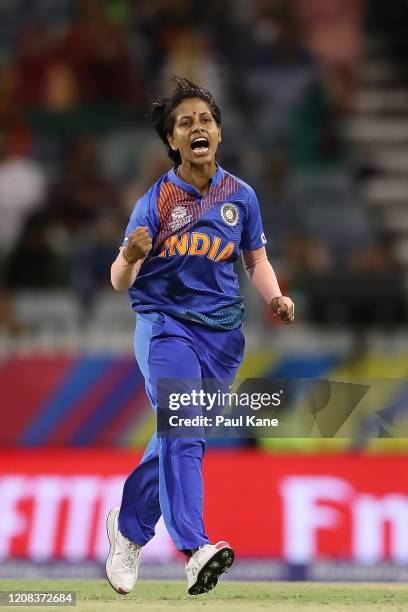 Poonam Yadav of India celebrates the wicket of Jahanara Alam of Bangladesh during the ICC Women's T20 Cricket World Cup match between India and...