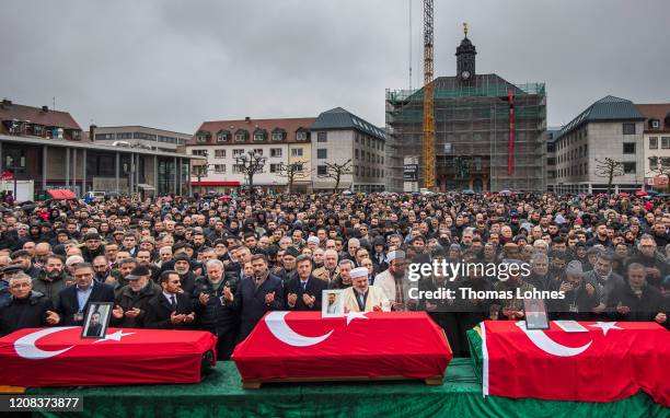 Muslim Mourners pray prior to the funeral of victims of last week's mass shooting on February 24, 2020 in Hanau, Germany. Tobias Rathjen shot dead...