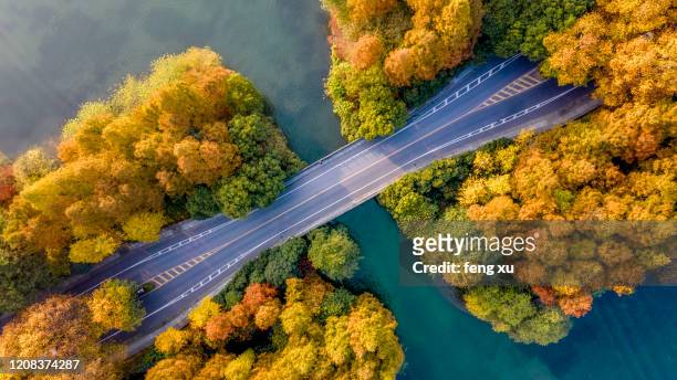 aerial view of hangzhou yanggong dike at dust - west lake hangzhou stock pictures, royalty-free photos & images