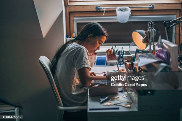 young  woman doing homework at home - casa real española fotografías e imágenes de stock