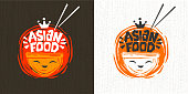 Asian food plate smile face logo, Noddle box, hot, lettering, splash, drops, textured background logotype design.