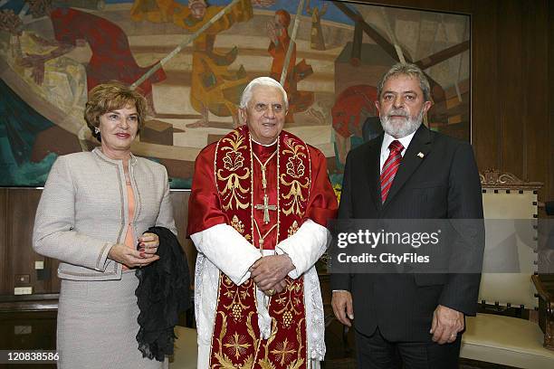 Pope Benedict XVI visits Bandeirantes Palace accompanied by Brazilian President Luiz Inacio Lula da Silva, First Lady Marisa Leticia, Sao Paulo...