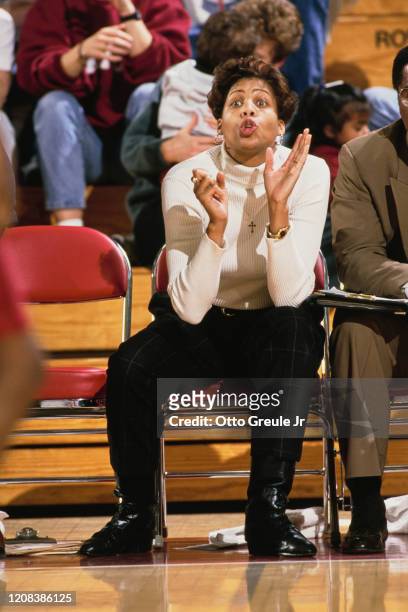 Coach and former player of the USC Trojans, women's basketball team, Cheryl Miller, during a match against the Stanford Cardinal team, 26th February...