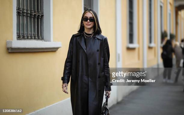 Brittany Xavier is seen wearing a Tods animal print bag before Tods during Milan Fashion Week Fall/Winter 2020-2021 on February 21, 2020 in Milan,...