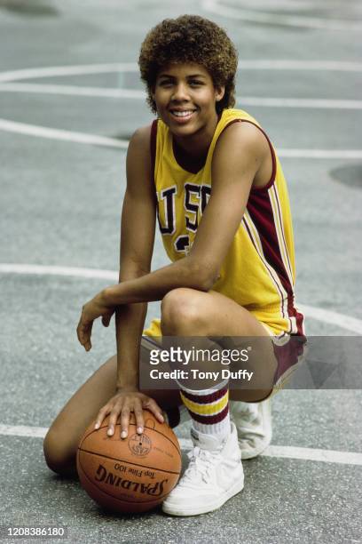 American basketball player Cheryl Miller of USC Trojans, posing with a basketball, October 1983.