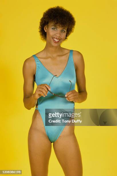 American basketball player Cheryl Miller of USC Trojans, wearing a one piece swimsuit, Los Angeles, California, circa 1986.