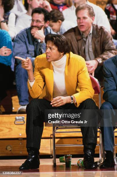 Coach and former player of the USC Trojans, women's basketball team, Cheryl Miller, during a game against Stanford Cardinal at Maples Pavillion, Palo...