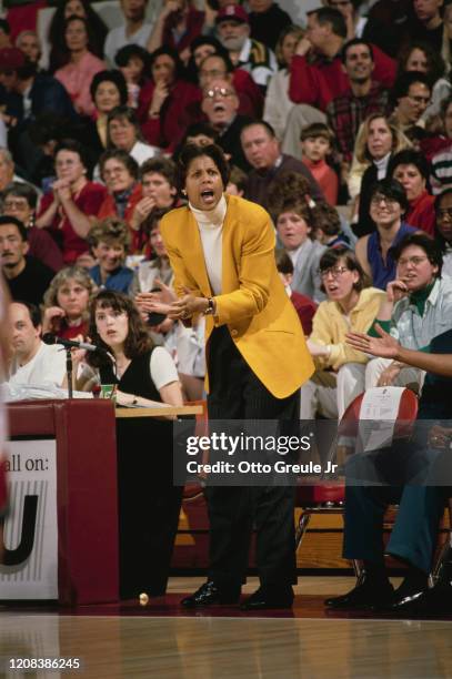 Coach and former player of the USC Trojans, women's basketball team, Cheryl Miller, during a game against Stanford Cardinal at Maples Pavillion, Palo...