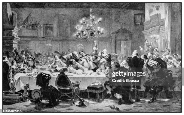 stockillustraties, clipart, cartoons en iconen met antieke illustratie van belangrijke mensen van het verleden: albrecht von wallenstein laatste banket - last supper