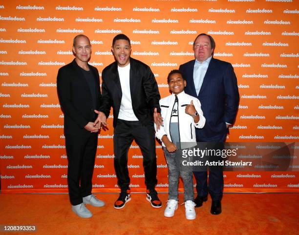 Brian Robbins, Trevor Noah, Young Dylan and Bob Bakish attend the Nickelodeon Exclusive Presentation at The Shed on February 24, 2020 in New York...