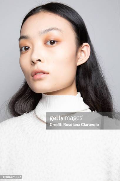 Model is seen backstage at the Simona Marziali MRZ fashion show on February 23, 2020 in Milan, Italy.