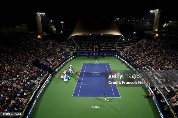 General view of plays during the Men's Singles match between Novak Djokovic of Serbia and Malek Jaziri of Tunisia on Day Eight of the Dubai Duty Free...