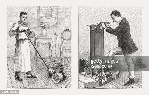 historic electric brushes, wood engravings, published in 1895 - floor polishing stock illustrations