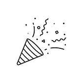 Confetti and Party Popper Icon Outline Vector Design on White Background.