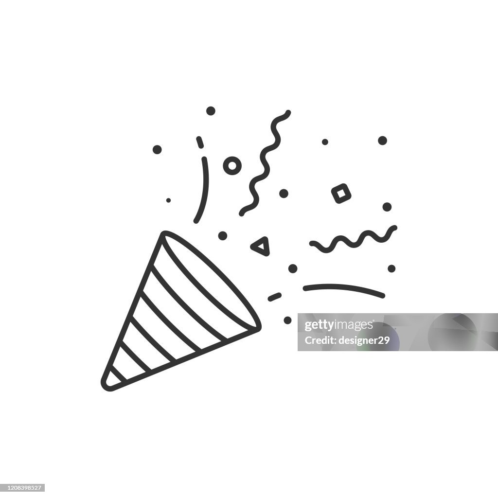 Confetti and Party Popper Icon Outline Vector Design on White Background.