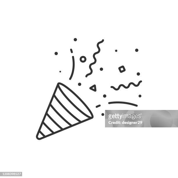 confetti and party popper icon outline vector design on white background. - anniversary stock illustrations