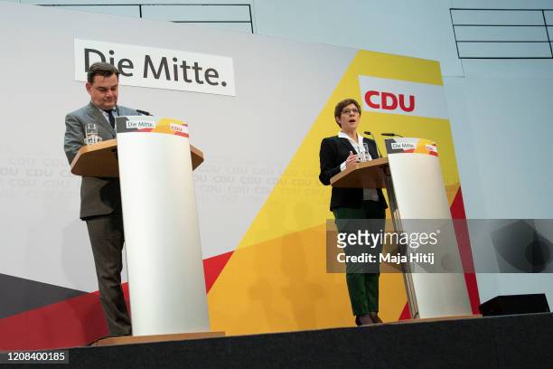 German Christian Democrats leader Annegret Kramp-Karrenbauer and CDU Hamburg lead candidate Marcus Weinberg speak during a press conference of the...