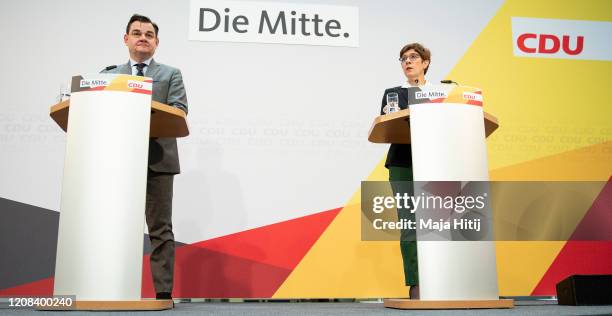 German Christian Democrats leader Annegret Kramp-Karrenbauer and CDU Hamburg lead candidate Marcus Weinberg speak during a press conference of the...