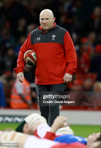 Neil Jenkins, the Wales skills coach looks on during the 2020 Guinness Six Nations match between Wales and France at Principality Stadium on February...