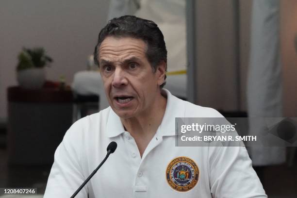 New York Governor Andrew Cuomo speaks to the press at the Jacob K. Javits Convention Center in New York, on March 27, 2020. The New York National...