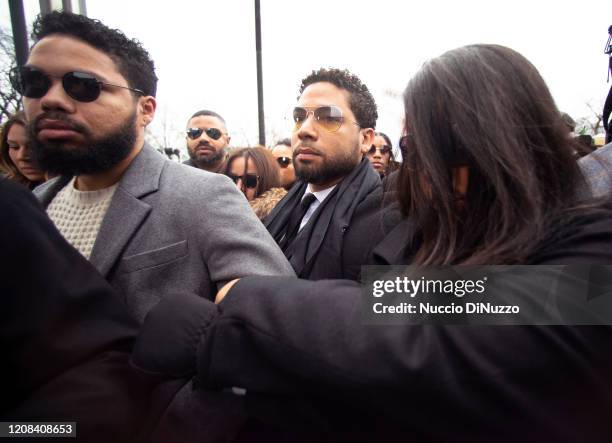 Flanked by attorneys and supporters, actor Jussie Smollett arrives at the Leighton Criminal Courthouse on February 24, 2020 in Chicago, Illinois....