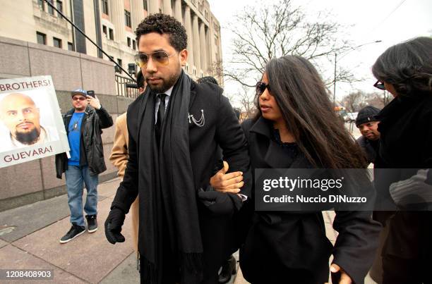 Actor Jussie Smollett arrives at the Leighton Criminal Courthouse on February 24, 2020 in Chicago, Illinois. Smollett pleaded not guilty to charges...