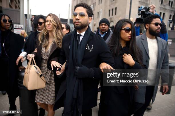 Actor Jussie Smollett leaves Leighton Criminal Courthouse on February 24, 2020 in Chicago, Illinois. Smollett pleaded not guilty to charges of...