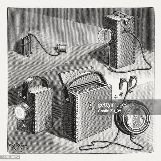 portable accumulators, wood engraving, published in 1895 - reflective surface stock illustrations