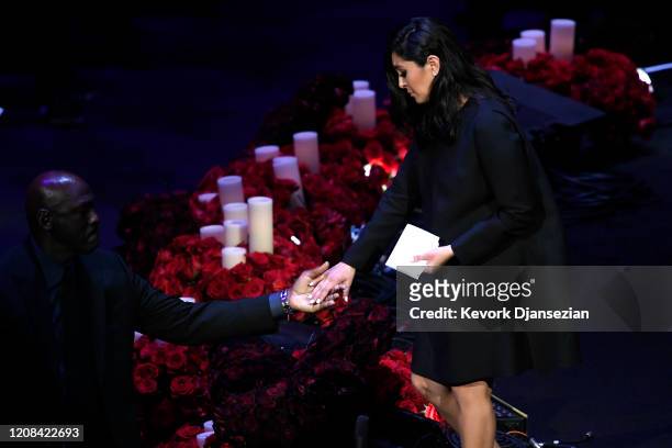 Vanessa Bryant is helped off stage by Michael Jordan during The Celebration of Life for Kobe & Gianna Bryant at Staples Center on February 24, 2020...