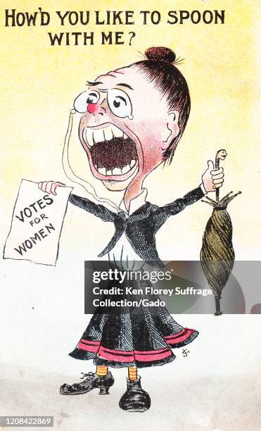 Anti-suffrage postcard, depicting suffragists as unattractive and un-marriageable, with a caricature of a mature woman shouting and waving a "Votes...