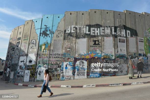 Political and social mural paintings and graffitis on the wall separting Israel and the West Bank in Bethlehem. On Thursday, March 5 in Bethlehem,...