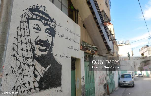 An image of Yasser Arafat on a mural painting in Bethlehem. On Thursday, March 5 in Bethlehem, Palestine
