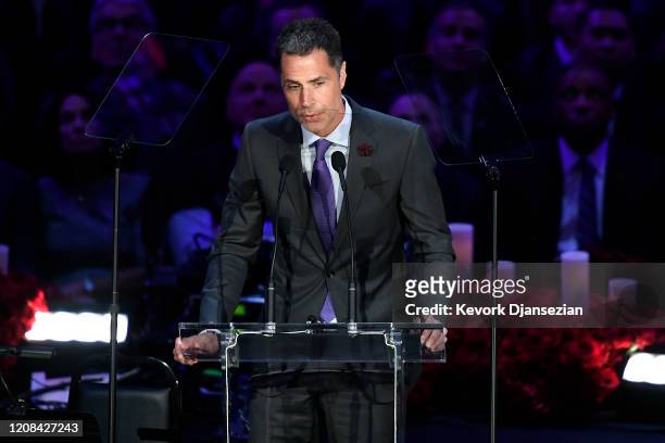 Los Angeles Lakers General Manager Rob Pelinka speaks during The Celebration of Life for Kobe & Gianna Bryant at Staples Center on February 24, 2020...