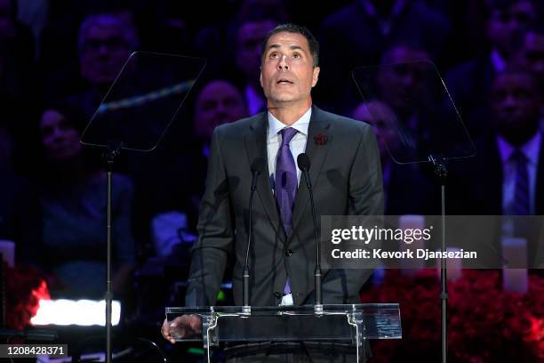 Los Angeles Lakers General Manager Rob Pelinka speaks during The Celebration of Life for Kobe & Gianna Bryant at Staples Center on February 24, 2020...