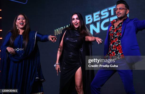 Geeta Kapoor, Malaika Arora and Terence Lewis attend the Launch of dance reality show "India's Best Dancer" on February 24, 2020 in Mumbai, India.