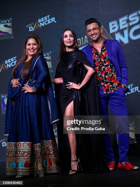 Geeta Kapoor, Malaika Arora and Terence Lewis attend the Launch of dance reality show "India's Best Dancer" on February 24, 2020 in Mumbai, India.