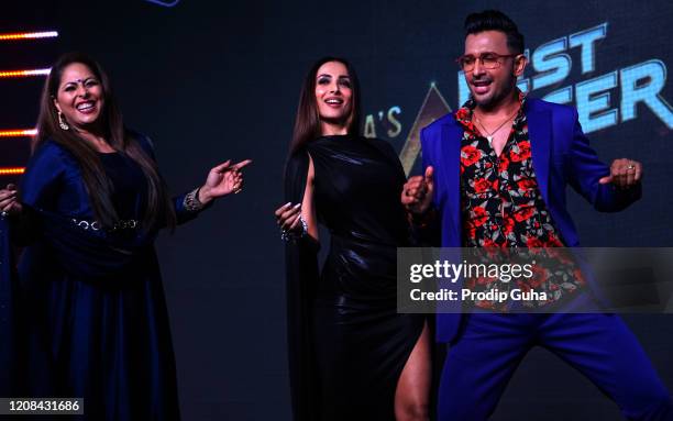 Geeta Kapoor, Malaika Arora and Terence Lewis attend the Launch of dance reality show "India's Best Dancer" on February 24, 2020 in Mumbai, India.