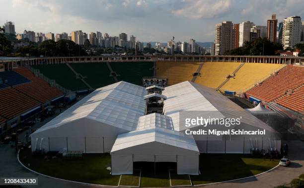 General view of an emergency makeshift field hospital as it is set up at Pacaembu Stadium for coronavirus patients with a capacity of 200 beds on...
