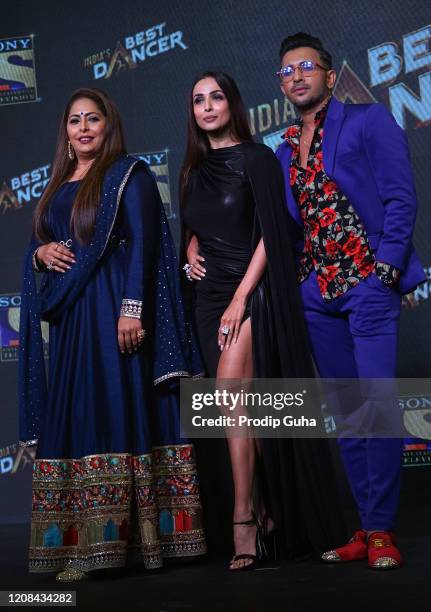 Geeta Kapoor, Malaika Arora and Terence Lewis attend the Launch of dance reality show "India"u2019s Best Dancer" on February 24,2020 in Mumbai, India.