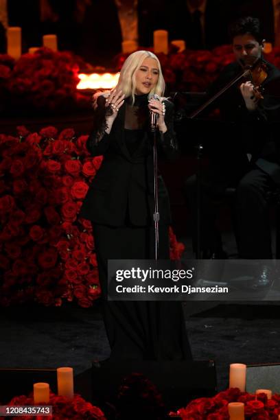 Christina Aguilera performs during The Celebration of Life for Kobe & Gianna Bryant at Staples Center on February 24, 2020 in Los Angeles, California.