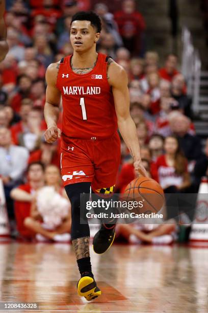 Anthony Cowan Jr. #1 of the Maryland Terrapins brings the ball up the court in the game against the Ohio State Buckeyes at Value City Arena on...