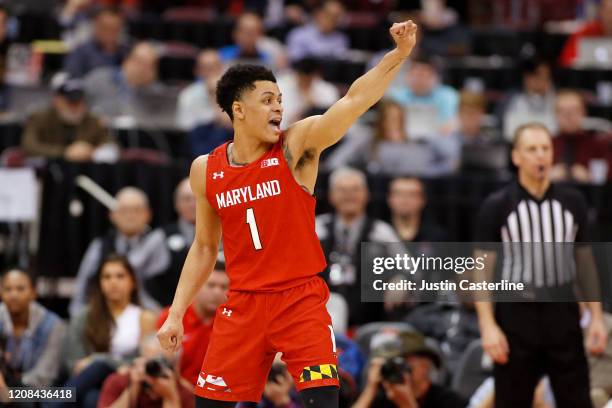 Anthony Cowan Jr. #1 of the Maryland Terrapins directs his team in the game against the Ohio State Buckeyes at Value City Arena on February 23, 2020...