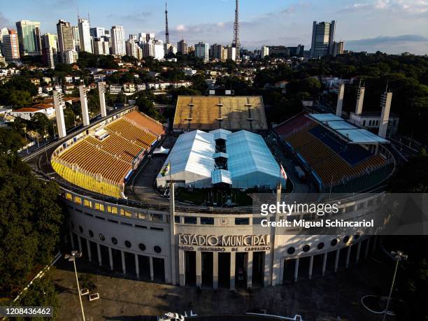 An aerial view of an emergency makeshift field hospital at Pacaembu Stadium for coronavirus patients with a capacity of 200 beds on March 27, 2020 in...