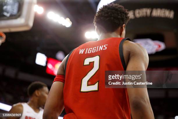 Aaron Wiggins of the Maryland Terrapins inbounds the ball in the game against the Ohio State Buckeyes at Value City Arena on February 23, 2020 in...