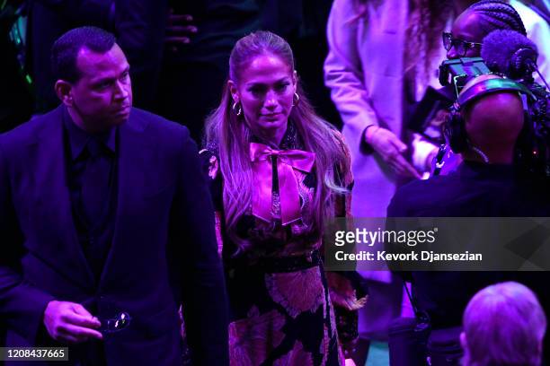 Alex Rodriguez and Jennifer Lopez depart after The Celebration of Life for Kobe & Gianna Bryant at Staples Center on February 24, 2020 in Los...