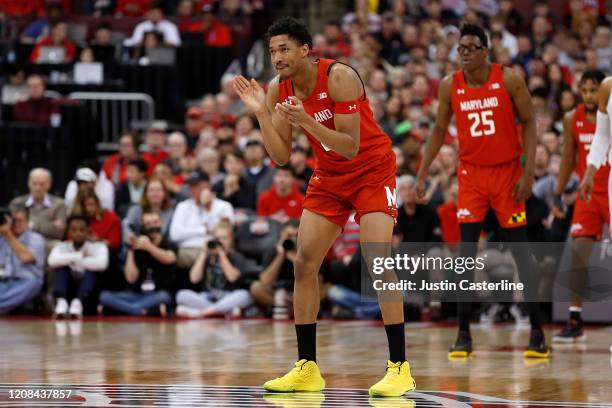 Aaron Wiggins of the Maryland Terrapins in action in the game against the Ohio State Buckeyes at Value City Arena on February 23, 2020 in Columbus,...