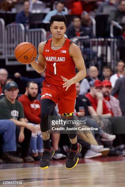 Anthony Cowan Jr. #1 of the Maryland Terrapins brings the ball up the court in the game against the Ohio State Buckeyes at Value City Arena on...