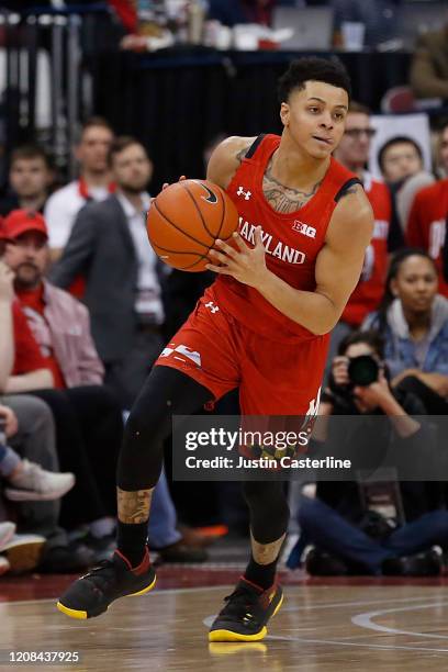 Anthony Cowan Jr. #1 of the Maryland Terrapins brings the ball up the court in the game against the Ohio State Buckeyes at Value City Arena on...