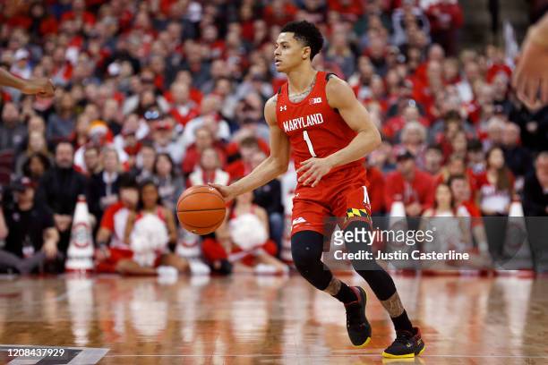 Anthony Cowan Jr. #1 of the Maryland Terrapins brings the ball up the court in the game against the Ohio State Buckeyes at Value City Arena on...